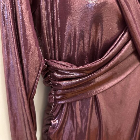 Gibiu Elegant Burgundy Metallic Shimmer Shiny Long Draped Dress Formal 1x-2x - Picture 3 of 8
